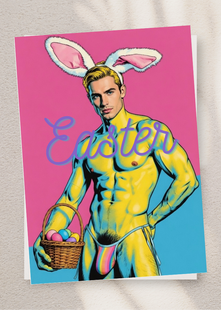Adult Greeting Card | Easter Bunny Bulge Eggs | Cheeky Muscle Hunk Pun | Gay Erotic Holiday | Single or 5-Pack