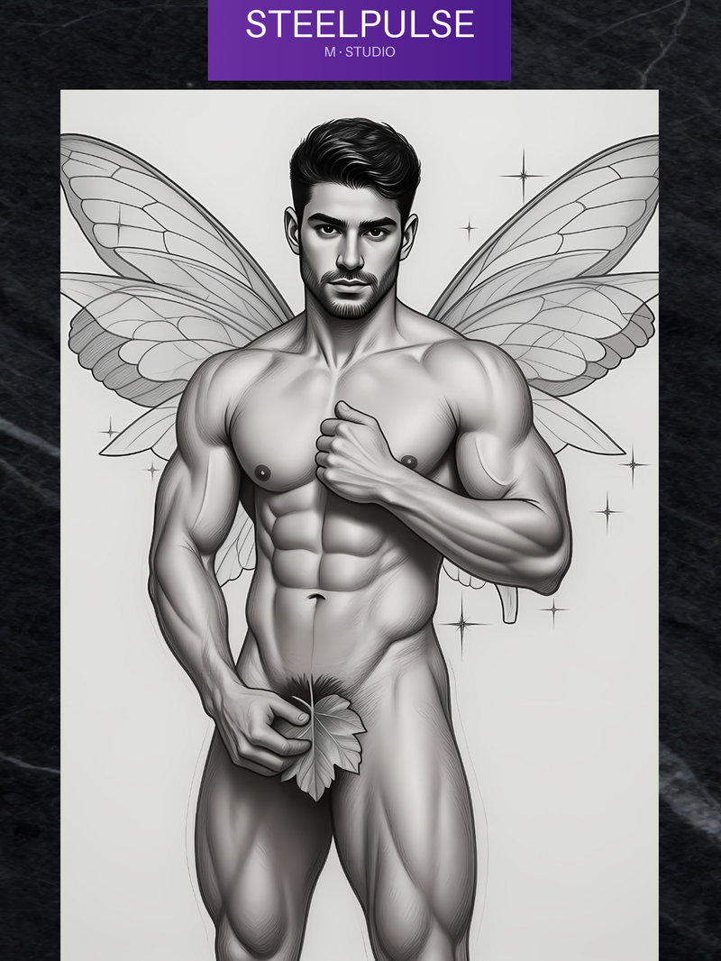 Gay Erotic Art Print | Muscular Male Fairy Wings Nude | Digital Fantasy Wall Art | Sexy Homoerotic Artwork | 4 Sizes Available