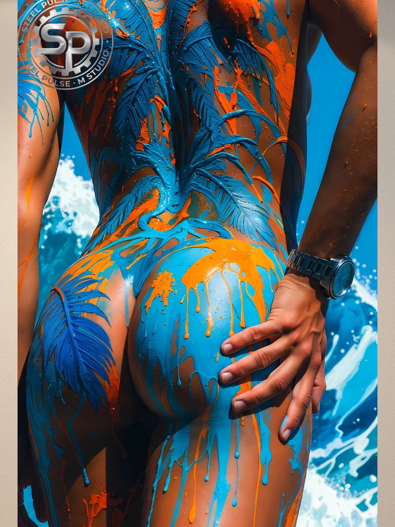 Erotic Art Print | Male Body Paint Ocean | Gay NSFW Colorful Art | Teal & Orange Sensual Print | 4 Sizes