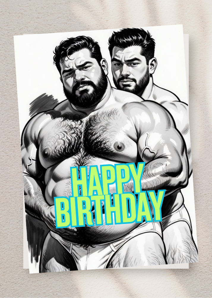 Adult Greeting Card | Happy Birthday Bear Duo Hug | Cheeky Muscle Bears | Gay Erotic Humor | Single or 5-Pack