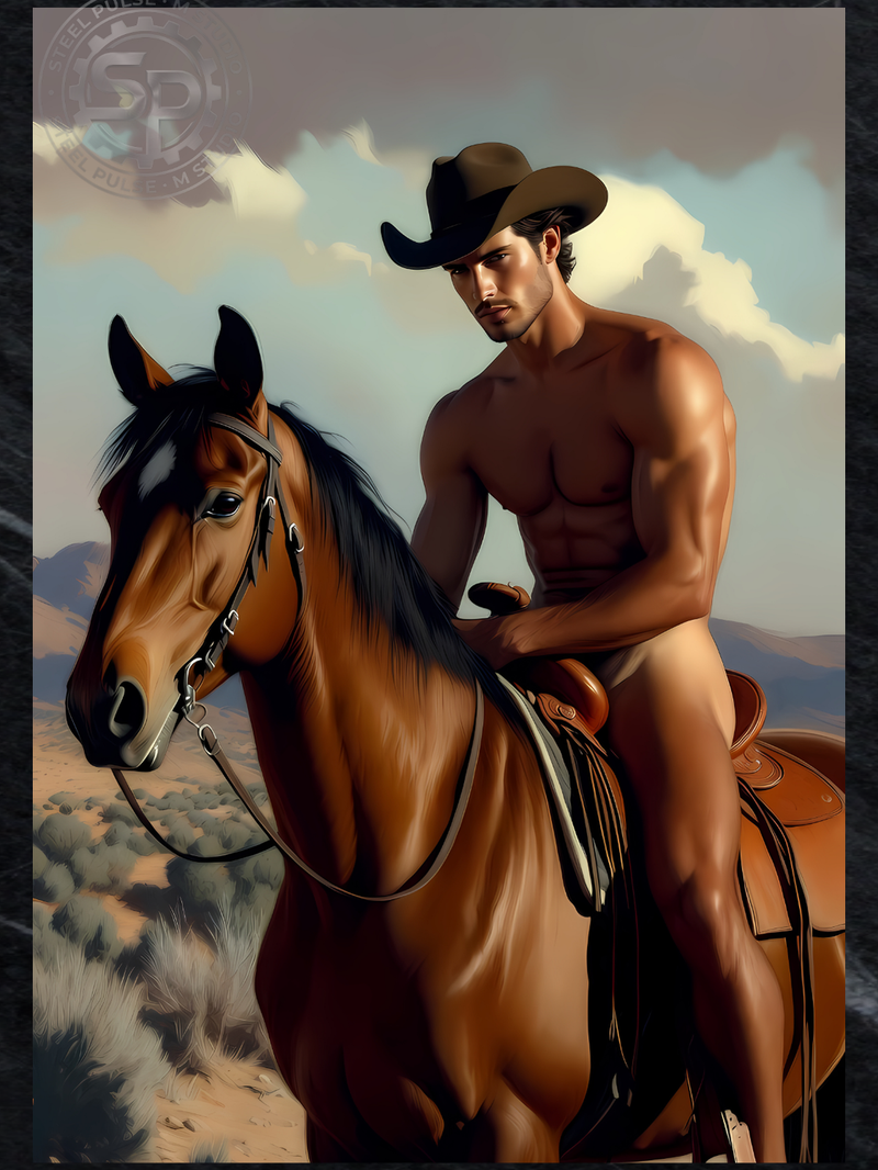Gay Erotic Art Print | Cowboy Male Nude on Horse | Digital Painting Wall Art | Sexy Homoerotic Artwork | 4 Sizes