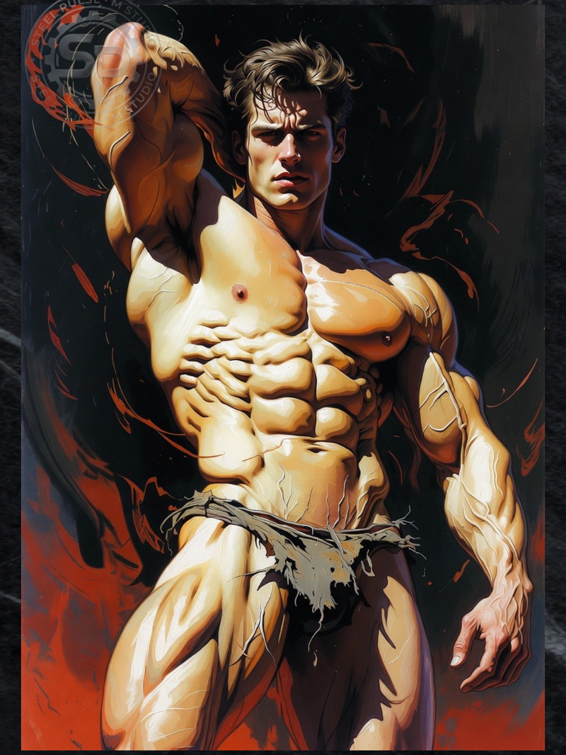 Gay Erotic Art Print | Ripped Muscle Flex Nude | Bearded Warrior Pose | Homoerotic Power Fantasy | 4 Sizes