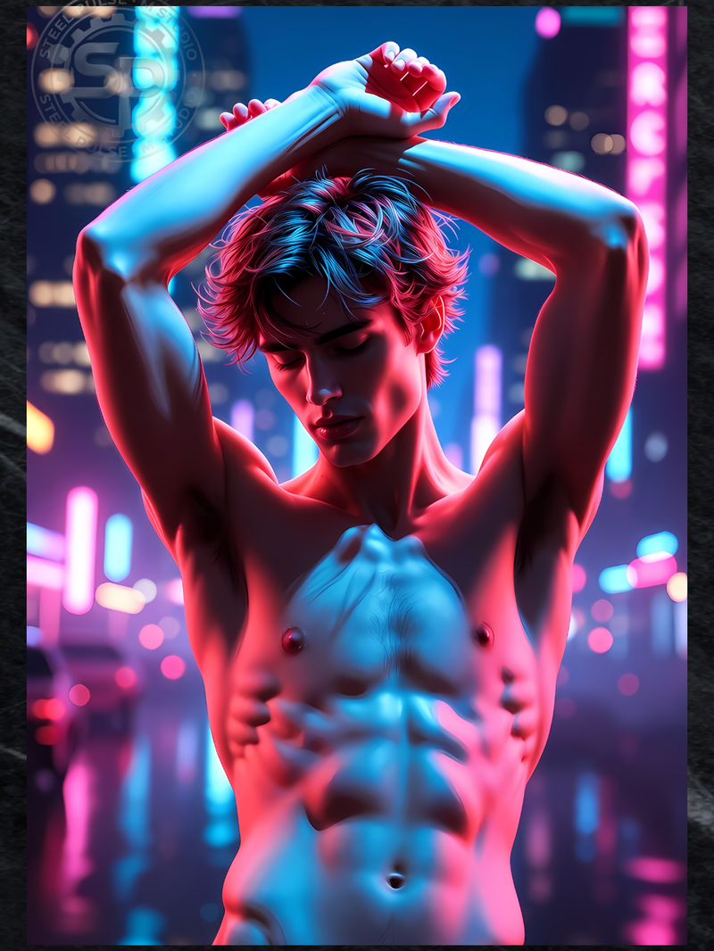 Gay Erotic Art Print | Cyberpunk Male Nude Neon City | Digital Painting Wall Art | Sexy Homoerotic Artwork | 4 Sizes