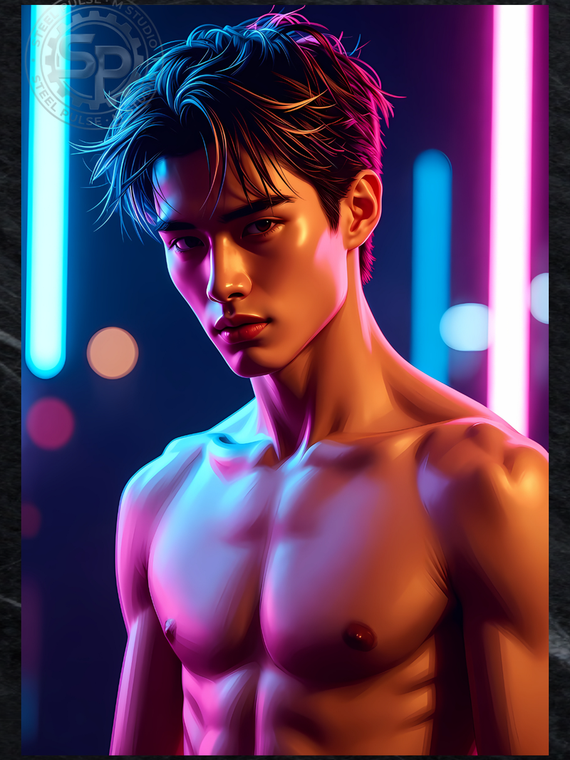 Gay Erotic Art Print | Neon Cyber Male Nude Portrait | Digital Painting Wall Art | Sexy Homoerotic Artwork | 4 Sizes