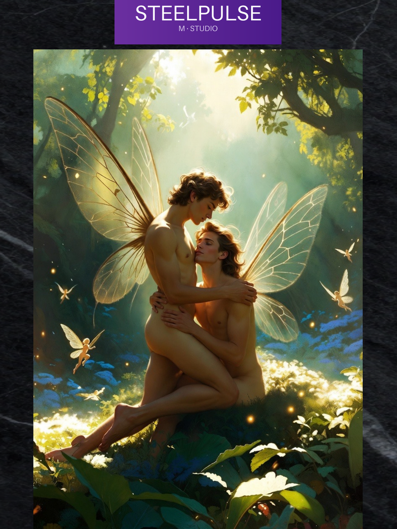 Gay Erotic Art Print | Fairy Lovers Nude Kiss | Enchanted Forest Embrace | Homoerotic Fantasy Wall Art | 4 Sizes