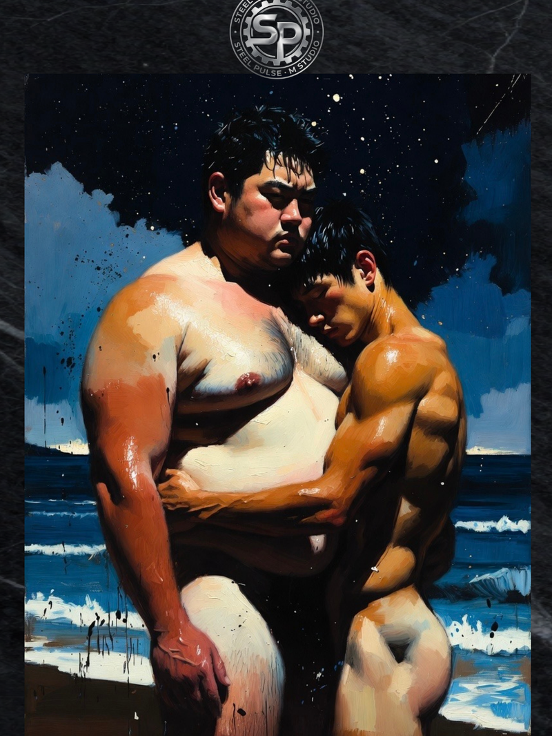 Gay Erotic Art Print | Bear & Twink Beach Embrace | Night Ocean Hug | Homoerotic Moonlit Fantasy | 4 Sizes