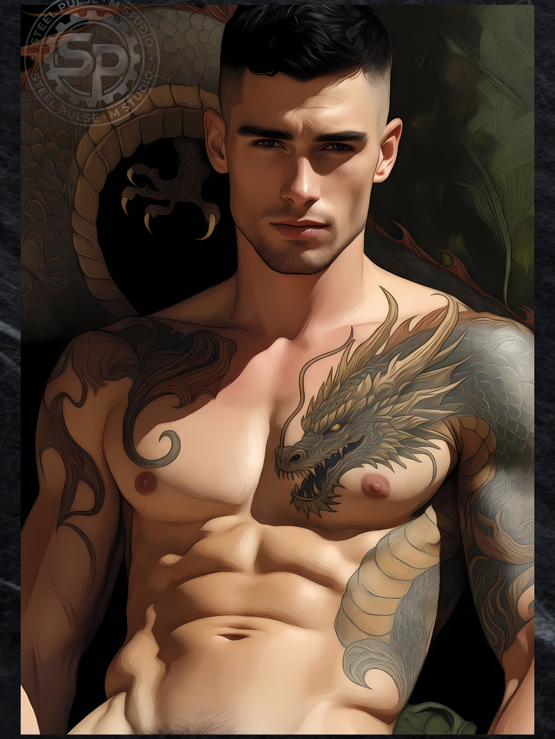 Gay Erotic Art Print | Muscular Male Nude with Dragon Tattoo | Fantasy Homoerotic Artwork | Digital Painting Wall Art | 4 Sizes