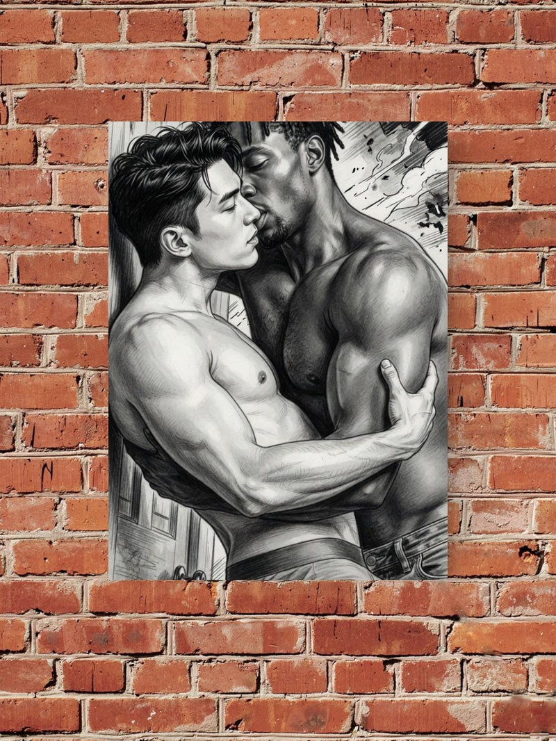 Male Couple Embrace Sketch Print, Romantic Manga Wall Art, Charcoal Illustration Poster