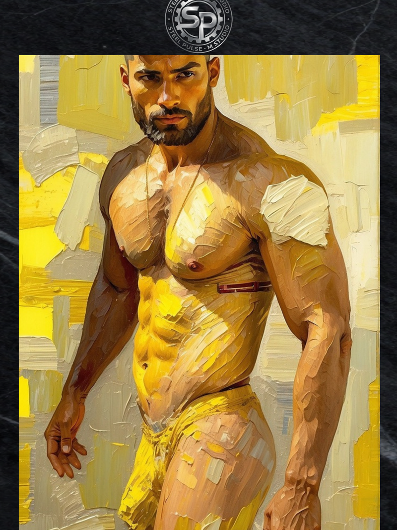 Masculine Nude Art Print | Modern Yellow Oil Painting