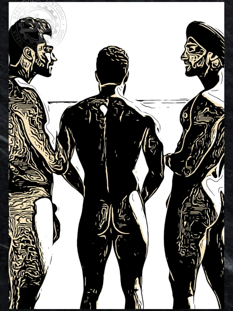 A black and white line art print of a gay male nude Mediterranean trio | Choose Size