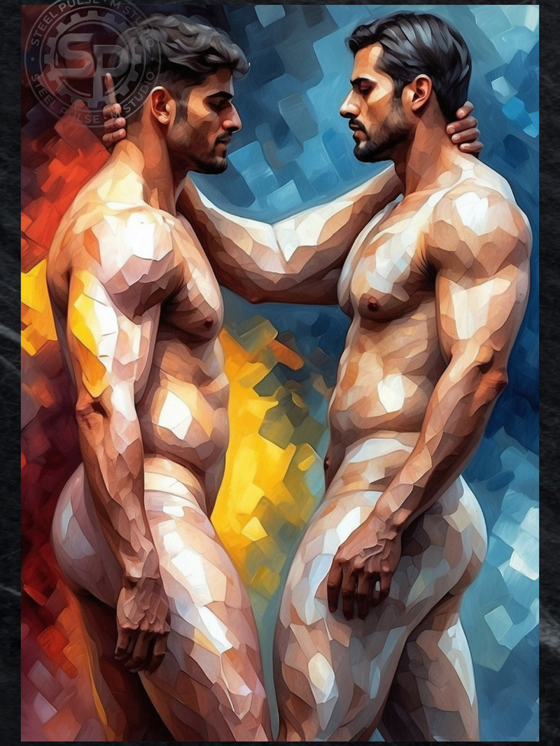 Twin Flames Gay Art Print | Cubist Male Duo Embrace | LGBTQ+ Wall Art | SteelPulseMStudio