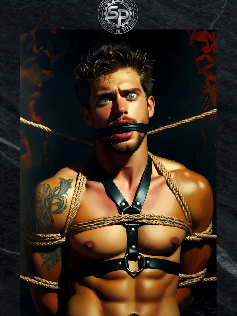Gay Erotic Art Print | Bound Male Nude Rope & Gag | Digital Painting Wall Art | Sexy Homoerotic Artwork | 4 Sizes