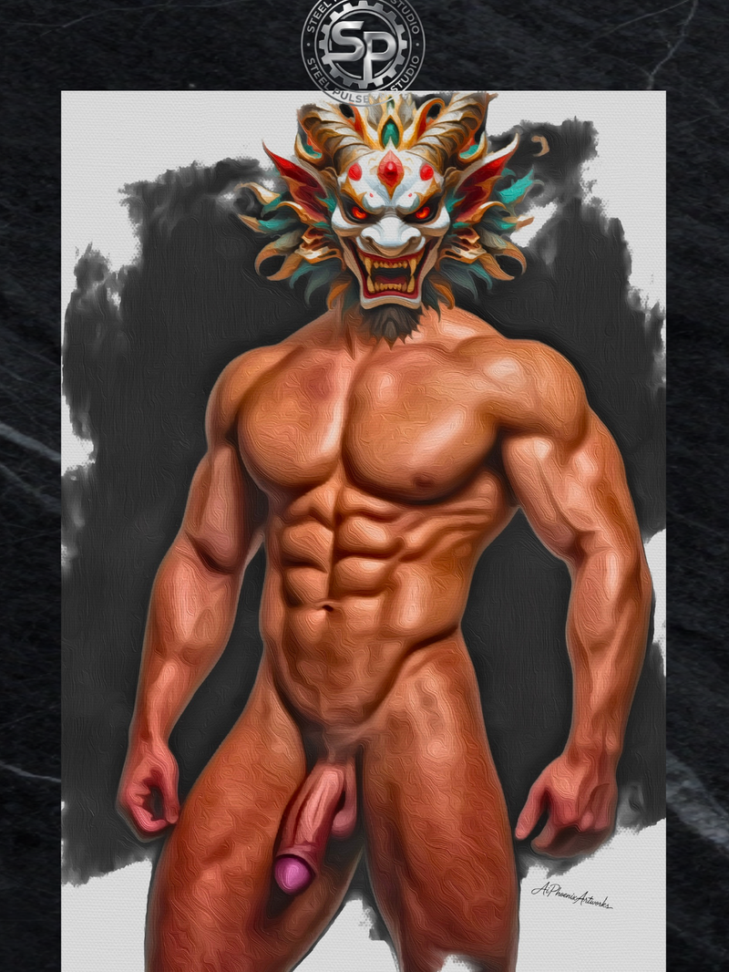 Gay Erotic Art Print | Muscular Male Nude with Dragon Mask | Digital Fantasy Wall Art | Sexy Homoerotic Artwork | 4 Sizes Available