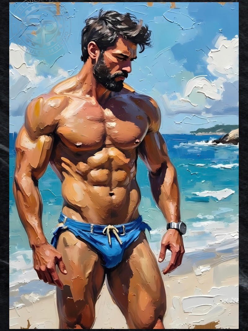 Beach Body Heat Art Print, Textured Male Physique, Summer Erotica