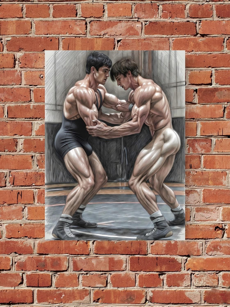 Classic Wrestling Match Fine Art Print, Muscular Men Athletic Illustration, Vintage Poster