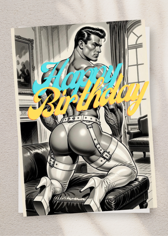Adult Greeting Card | Happy Birthday Leather Butt Hunk | Cheeky BDSM Pose | Gay Erotic Humor | Single or 5-Pack