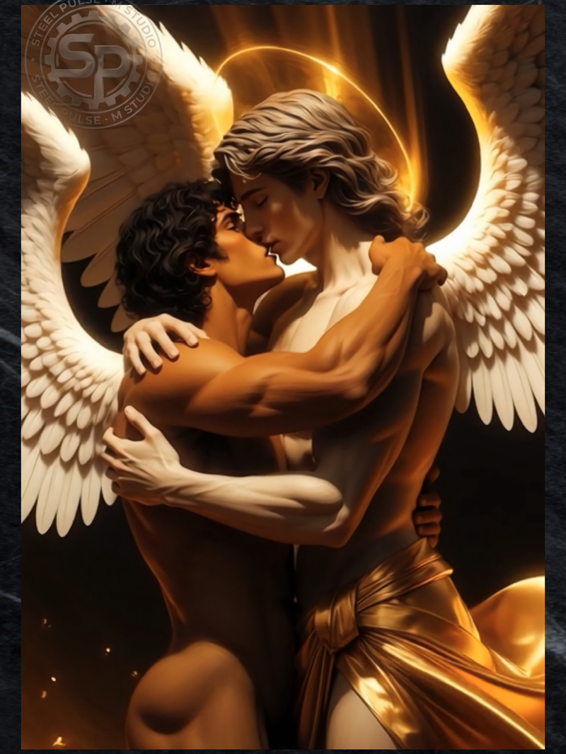 Gay Erotic Art Print | Angelic Lovers Embracing & Kissing | Muscular Winged Homoerotic Fantasy | Celestial Male Nude Wall Art | 4 Sizes