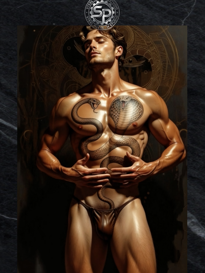 Gay Erotic Art Print | Muscular Man with Twin Snakes Tattoo | Sensual Male Nude Fantasy | Homoerotic Occult Wall Art | 4 Sizes