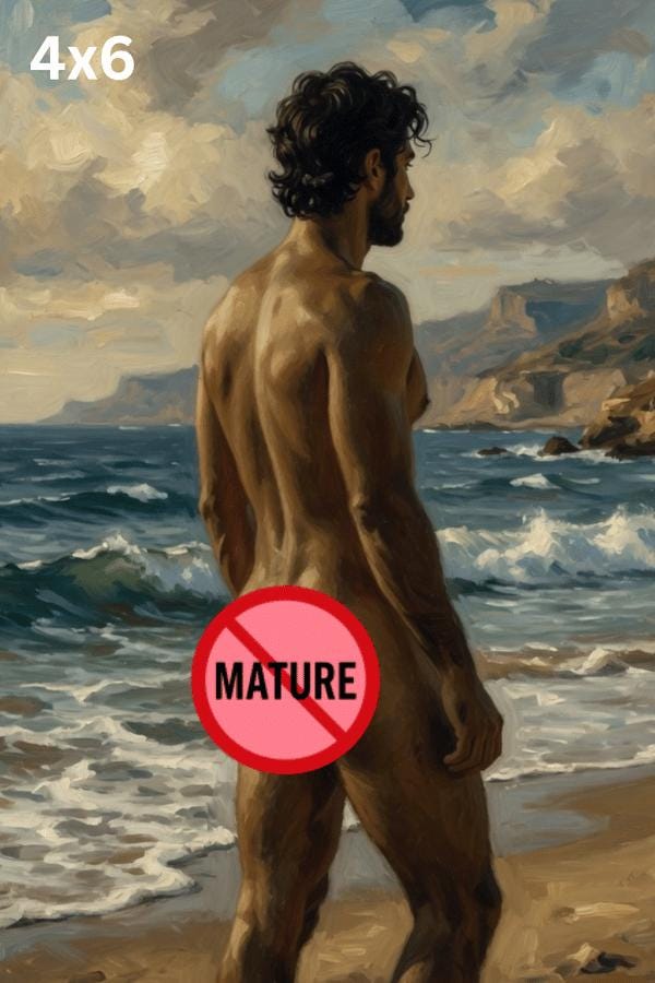 Muscular Male Fine Art Print, Naked Man Beach Oil Painting Poster, Classical Masculine Torso Wall Decor, Romantic Coastal Landscape Art