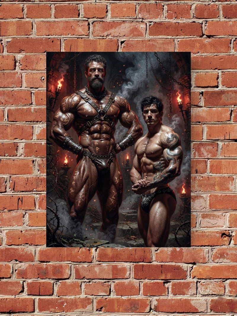 Viking Rune Warriors Fantasy Art Print, Muscular Men Dungeon Wall Decor, Dark Gothic Leather Harness Portrait, Mythological Male Fine Art