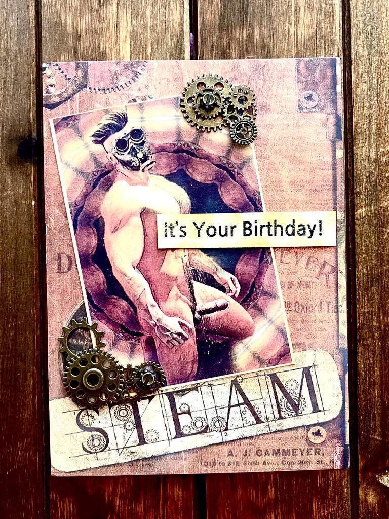 Handmade NSFW Steampunk Birthday Card, Alloy Gear Accents