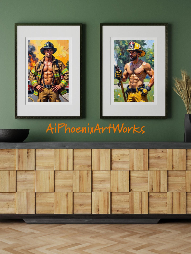 Firefighter Art Print Set: Heroic Muscle Pin-Up Decor