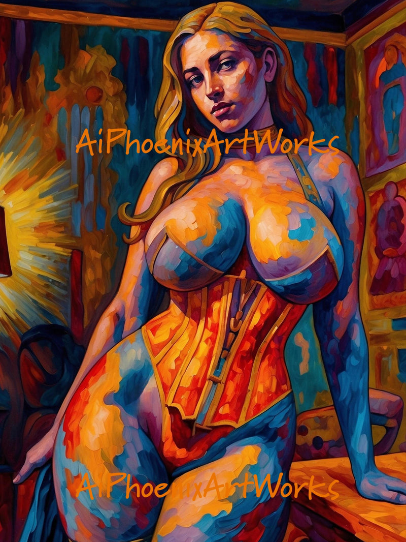 Mature Wall Art Print | Erotic Female Figure Painting | Bold Colorful Sensual Decor | AiPhoenixArtWorks