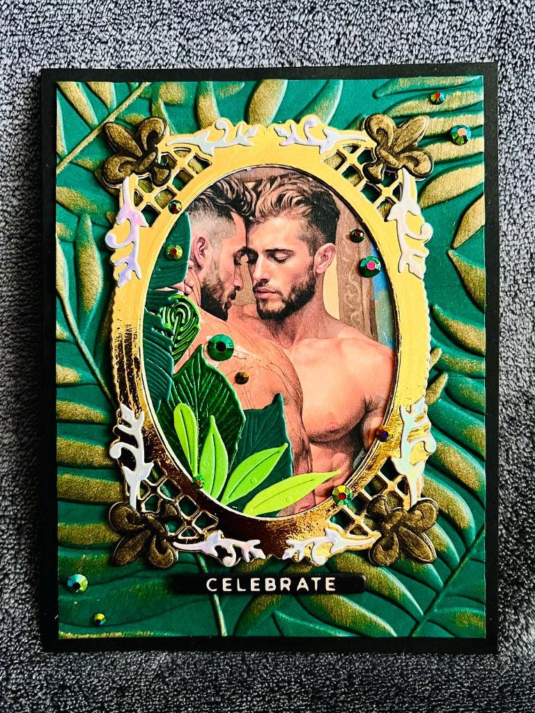Handmade Gay Couple Gold Frame with Leaf and Jungle Motif Celebrate Card, Adult Greeting Card