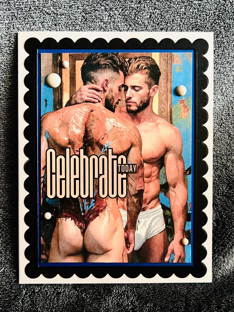 Handmade NSFW Gay Couple Scalloped Black Frame Celebrate Today Card, Adult Greeting Card