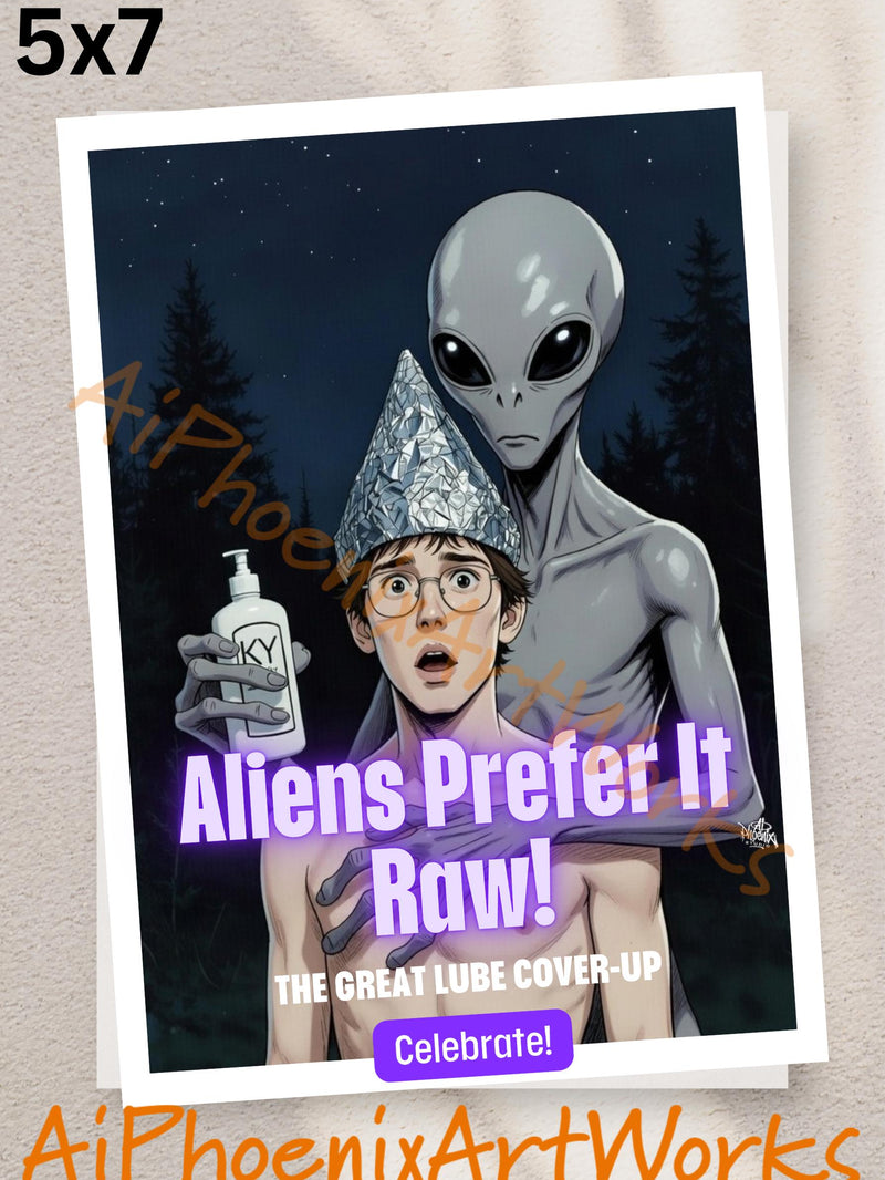 Aliens Prefer It Raw Greeting Card | Funny Gay Humor UFO Conspiracy