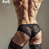 Muscular Man Impasto Oil Painting Print, Athletic Backside Lace Lingerie Wall Decor
