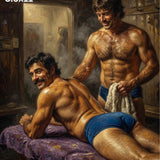 Masculine Impasto Oil Painting Print, Vintage Bathhouse Sauna Art Poster