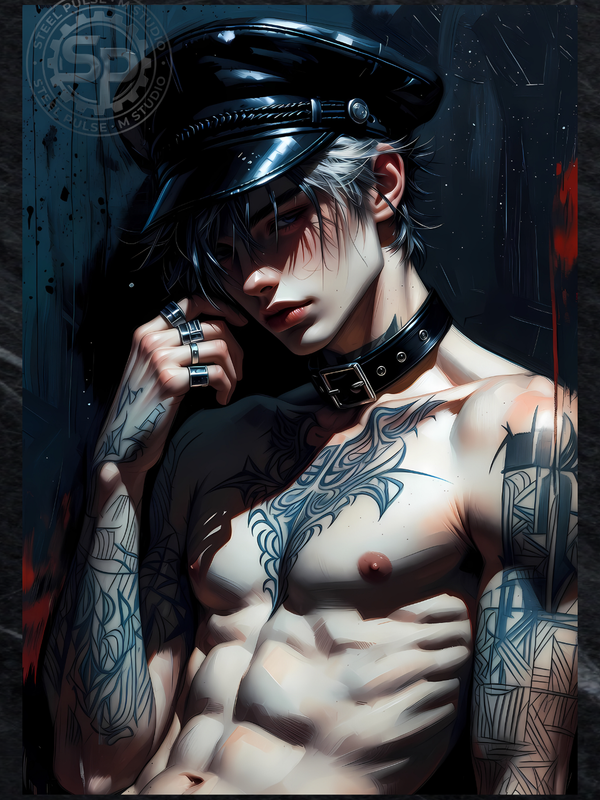 Gay Erotic Art Print | Punk Male Nude Police Cap & Collar | Digital Painting Wall Art | Sexy Homoerotic Artwork | 4 Sizes