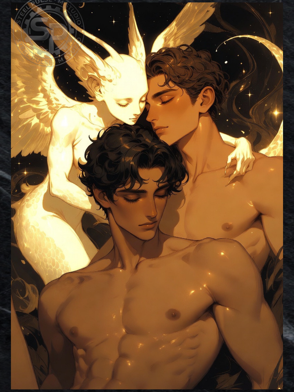 Gay Erotic Art Print | Angel Demon Lovers Embrace | Winged Nude Fantasy Kiss | Homoerotic Celestial Art | 4 Sizes