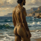 Muscular Male Fine Art Print, Naked Man Beach Oil Painting Poster, Classical Masculine Torso Wall Decor, Romantic Coastal Landscape Art