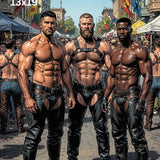 Gay Pride Leather Street Festival Art Print, Muscular Men Comic Illustration, Chaps and Harness LGBTQ+ Wall Decor, Moody SF Folsom Inspired