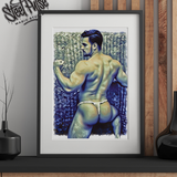 Erotic Art Print | Muscular Male Flex Back | Blue Tonal Gay NSFW Art | Jockstrap Figure Print | 4 Sizes