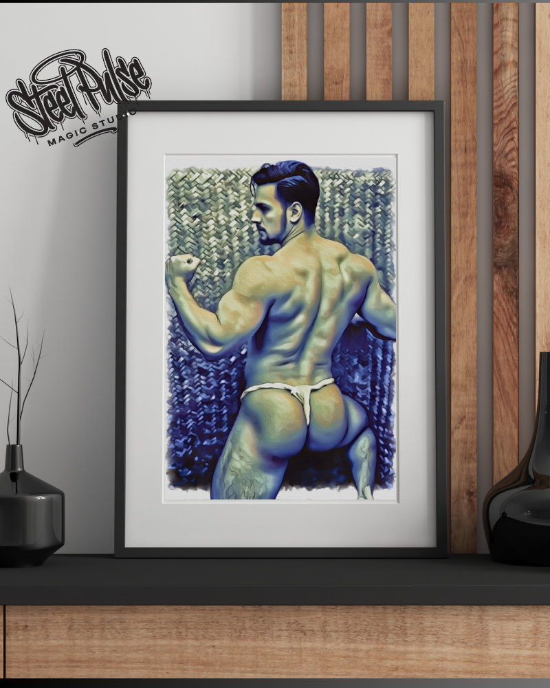 Erotic Art Print | Muscular Male Flex Back | Blue Tonal Gay NSFW Art | Jockstrap Figure Print | 4 Sizes