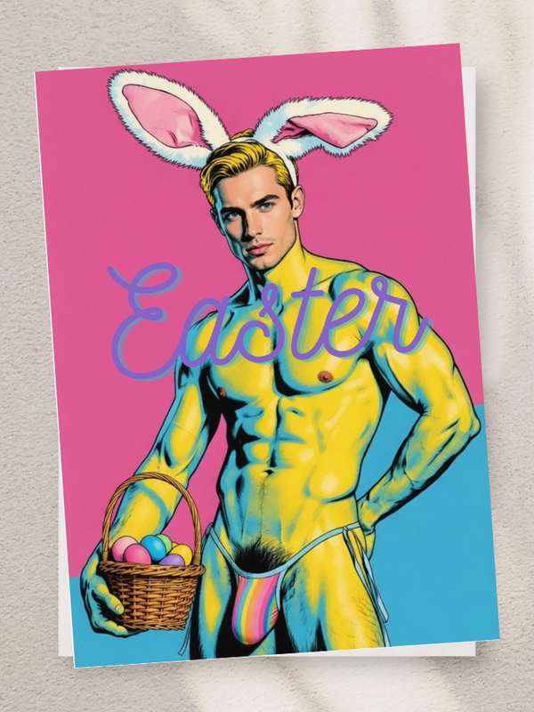 Adult Greeting Card | Easter Bunny Bulge Eggs | Cheeky Muscle Hunk Pun | Gay Erotic Holiday | Single or 5-Pack