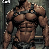 Leather Harness Black Man Art Print, Muscular Male Comic Poster, Athletic Jock Locker Room Wall Decor, Masculine Manga Illustration