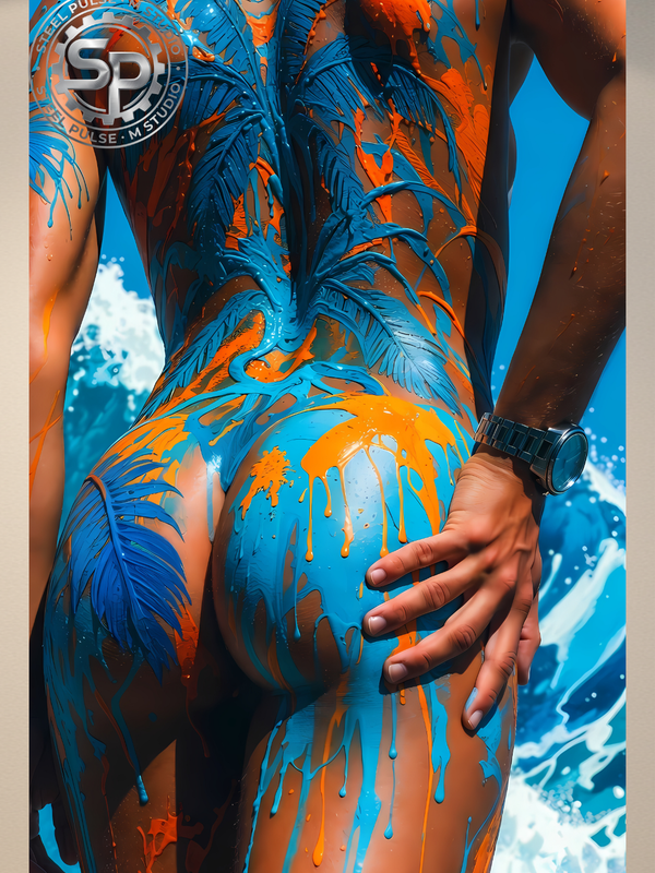 Erotic Art Print | Male Body Paint Ocean | Gay NSFW Colorful Art | Teal & Orange Sensual Print | 4 Sizes
