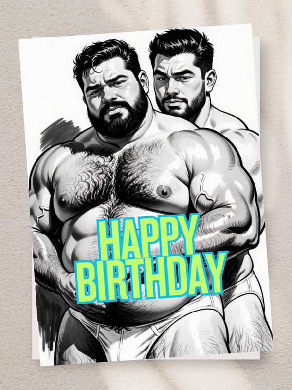 Adult Greeting Card | Happy Birthday Bear Duo Hug | Cheeky Muscle Bears | Gay Erotic Humor | Single or 5-Pack