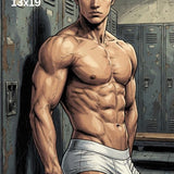 Manga Locker Room Print, Muscular Asian Man, Comic Fitness Art, Wall Decor
