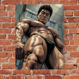Anime Bodybuilder Print, Muscular Manga Man, Low Angle Locker Room Wall Art