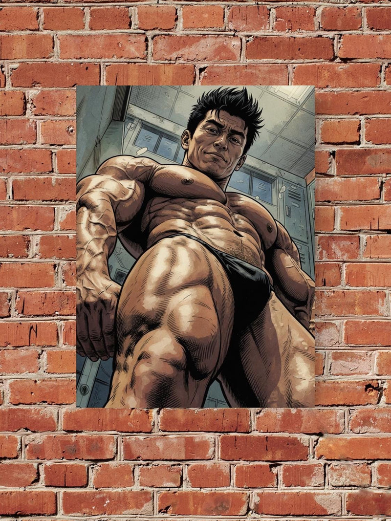Anime Bodybuilder Print, Muscular Manga Man, Low Angle Locker Room Wall Art