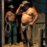 Gay Erotic Art Print | Chubby Cowboy & Ranch Hand in Barn | Bear Homoerotic Fantasy | Muscular Nude Western Wall Art | 4 Sizes