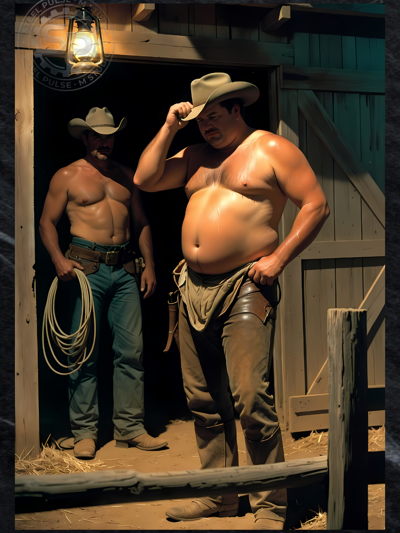 Gay Erotic Art Print | Chubby Cowboy & Ranch Hand in Barn | Bear Homoerotic Fantasy | Muscular Nude Western Wall Art | 4 Sizes