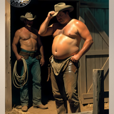 Gay Erotic Art Print | Chubby Cowboy & Ranch Hand in Barn | Bear Homoerotic Fantasy | Muscular Nude Western Wall Art | 4 Sizes