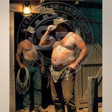 Gay Erotic Art Print | Chubby Cowboy & Ranch Hand in Barn | Bear Homoerotic Fantasy | Muscular Nude Western Wall Art | 4 Sizes