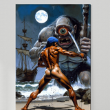 Art Print | Muscular Sinbad vs Cyclops | Nude Fantasy Battle | Digital Painting Wall Art | Homoerotic Monster Slayer Artwork | 4 Sizes
